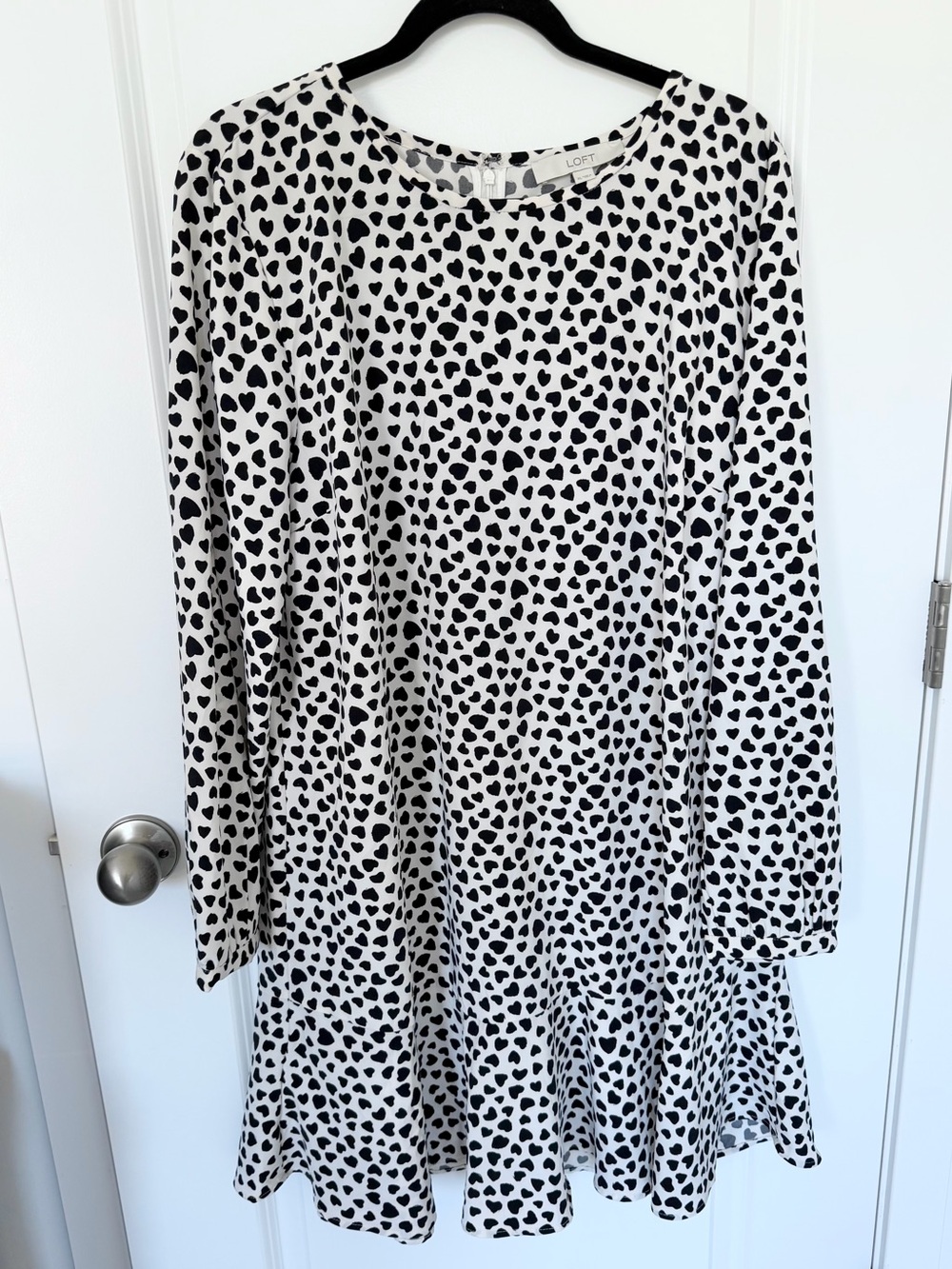 LOFT Black & White Heart Print Long-Sleeve Swing Dress